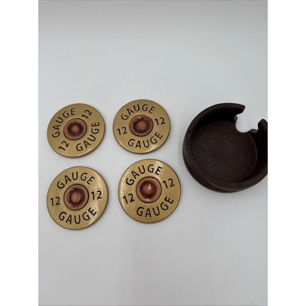 Shotgun Shell 4 Coaster‎ Set + Holder Big Sky Carvers Copper Brass Look Resin